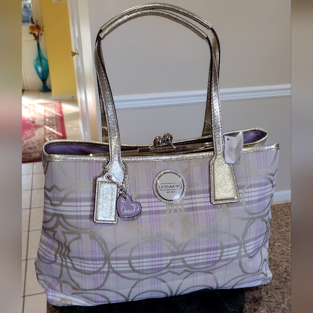 NWT COACH Signature Beige Striped Tartan Plaid Carryall Bag - Picture 5 of 17
